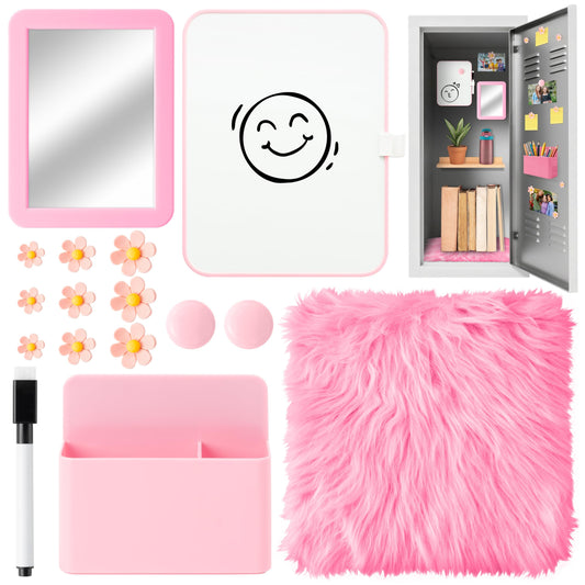 R HORSE Locker Accessories Kit - Pink Locker Organizer and Decorating Kit for Girls with Magnetic Mirror, Pen Holder, Whiteboard, Marker, Faux Fur Rug, Flower Magnets for 100 Days of School Essentials