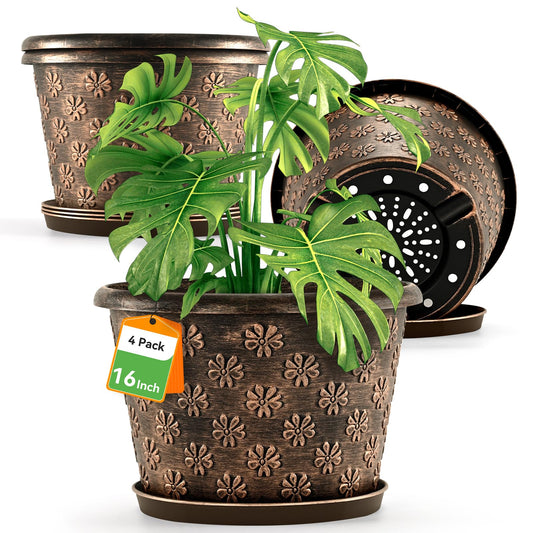 16 Inch Planter Pots for Plants, Plastic Large Flower Pots Indoor Outdoor, 4 Pack Resin Plant Pot with Drainage & Saucer, Retro Decorative Garden Pot with Removable Trays for House