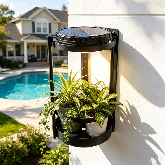 Solar Plant Grow Lights Outdoor - RDJ Bouns Wall Plant Holder with Rechargeable Light & Solar Panels,3 Color Temperatures,Automatic Sensor Switch,Decorative Floating Plant Shelf for Patio, Balcony & Living Room