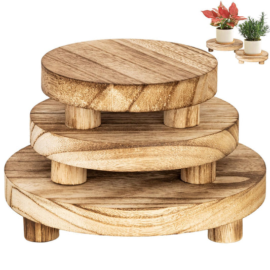 RFORPLY 3 pcs Wooden Stool Display Stand, Round Plant Stand, Farmhouse Indoor Small Plant Stand Round Display Stand Wood-Flower Pot Supports Plant for Indoor Outdoor Home, GardenPatio Decorative