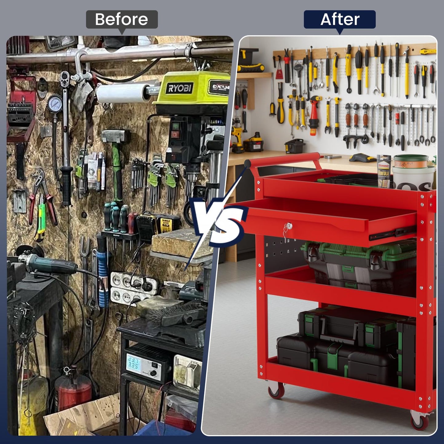 ALANNG 330 LBS Rolling Tool Cart with 1 Drawer & 3 Shelves | Heavy Duty Mechanic Cart Includes 7 Hooks, 2 Pegboards & Screw Organizer | Metal Service Cart for Garage Workshop (Red)