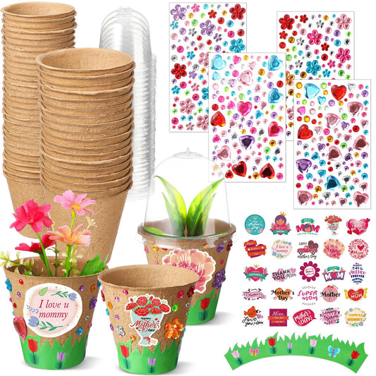 Motipuns 30 Pack Mother's Day Garden Paper Pot Craft Kit Include Plant Flower Peat Pots with Domes 4 Sheet Rhinestones Jewels Stickers and Adhesive Spring Stickers Set for DIY Craft Gifts