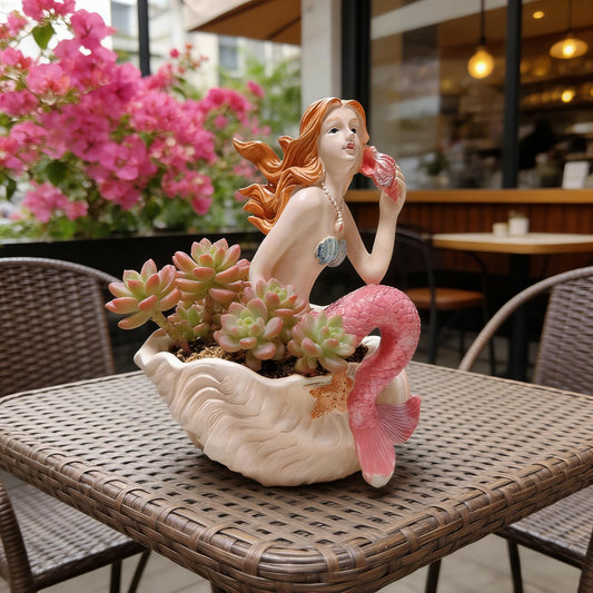 KARSTSYLVA Mermaid Resin Planter Statue, Conch Base Succulent Flower Pot for Home Garden Nautical Decor (Pink)