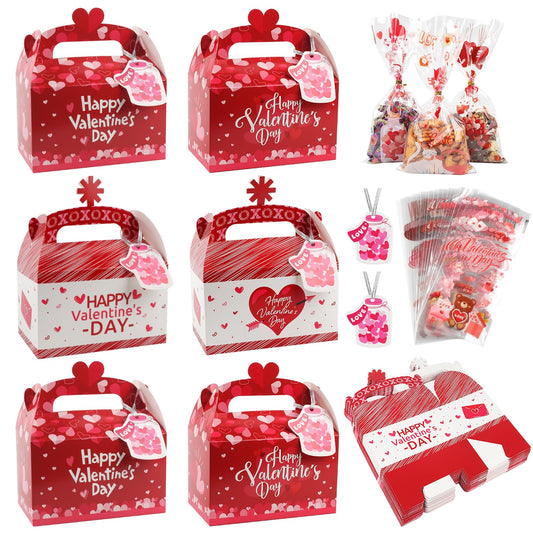 Wlicon Valentine’s Day Gift Treat Boxes, 24 Pcs Valentines Candy Boxes with 48 Pcs Valentine Cellophane Bags Heart Prints Cookies Box with Handles for Romantic Love Wedding Valentine Party Favor Decor