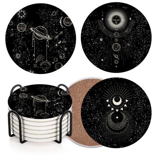 Bribay Coaster for Drinks Set of 6, Moon Vintage Zodiac Astrology Space Absorbent Round Ceramic Stone Mat, with Cork Base and Metal Holder, Gift for Housewarming Room Bar Decor