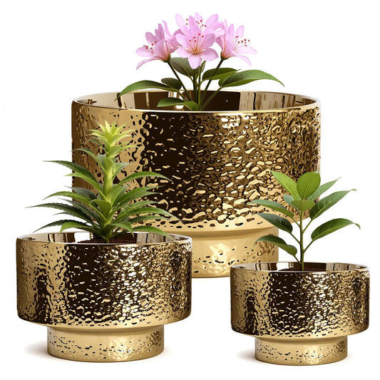OXART Large Plant Pot, 12.2+10+7.7 inch Pots for Plants, Set of 3, Ceramic Planter with Drainage, Gold Indoor Flower Pots with Hole Mesh Pad, Gifts for Mom, Ideal for Home Office Decor, Overgild