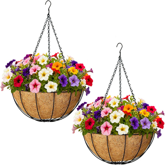 SMYAXUNW 2 Pack Hanging Planters 12 Inch Metal Hanging Planter Basket Flower Pots with Coco Coir Liners Round Wire Plant Holder for Indoor Outdoor Patio Porch Garden Railings Decoration