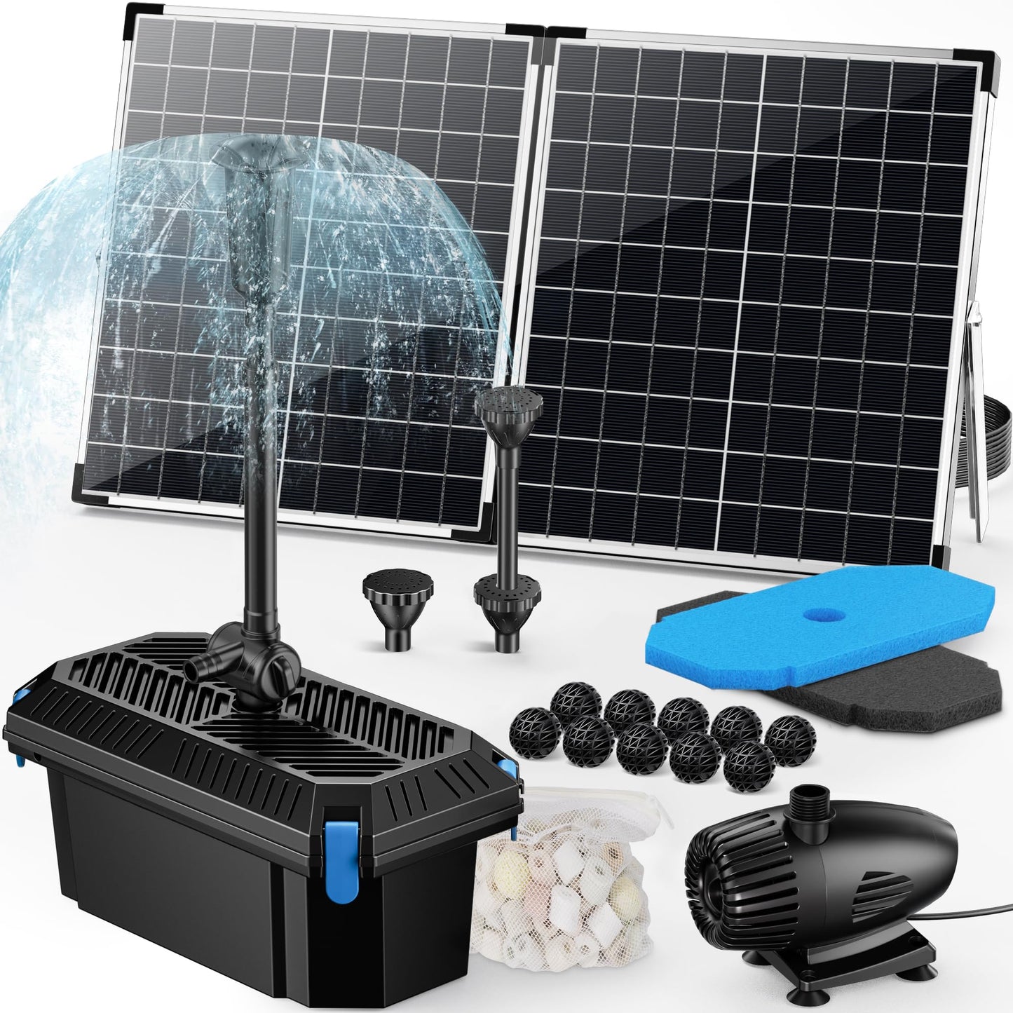 POPOSOAP 55W Solar Fountain Pump with Pond Filter Box, Solar Pond Pump 580GPH Adjustable Flow, Pond Filters for Outdoor Ponds Fish Tank Pool Waterfall Koi Pond Water Features