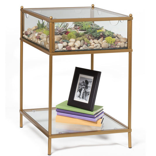 D'Eco Square Terrarium Display End Table w/Reinforced Glass in Gold Iron - (Dims: 18 x 18 x 27) - Indoor Decor for Any Home or Office - DIY Garden for Succulents, Moss, Fern - Gift for Plant Lovers