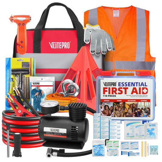 VLITEPRO Car Emergency Kit,Roadside Emergency Car Kit for Vehicles,with Portable Air Compressor,Jumper Cables, First Aid Kit, Roadside Assistance Emergency Safety Kit for Women,Men,Teen (Black+red)