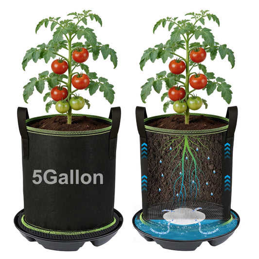 MADHOLLY Self Watering Pots for Indoor Plants with Grow Bags - 2 Pack 5 Gallon Thick Fabric Auto Irrigation Planter with Portable Handles, Water Storage Saucer, for Outdoor Vegetables, Herbs, Flower