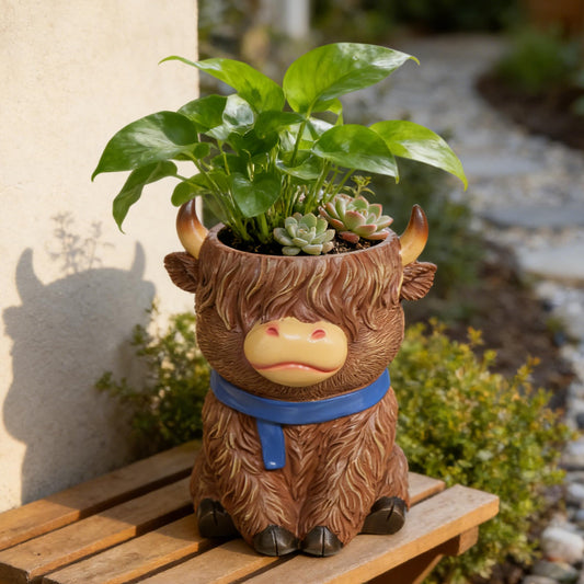 ASDFG Cute Highland Cow Planter Pot - Resin Succulent Pot with Drainage, Aesthetic Scottish Cow Flower Pot for Boho Home Decor, Desk, Patio | Unique Cow Gifts for Women, Mom, Plant Lovers (Brown)