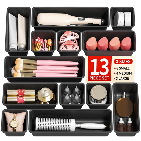 Canfanni 13 Pack Plastic Drawer Organizers Set, 3 Sizes Desk Drawer Organizer Trays for Vanity and Makeup Organizer, Organization and Storage for Makeup, Kitchen Utensils, Bathroom and Office(Black)