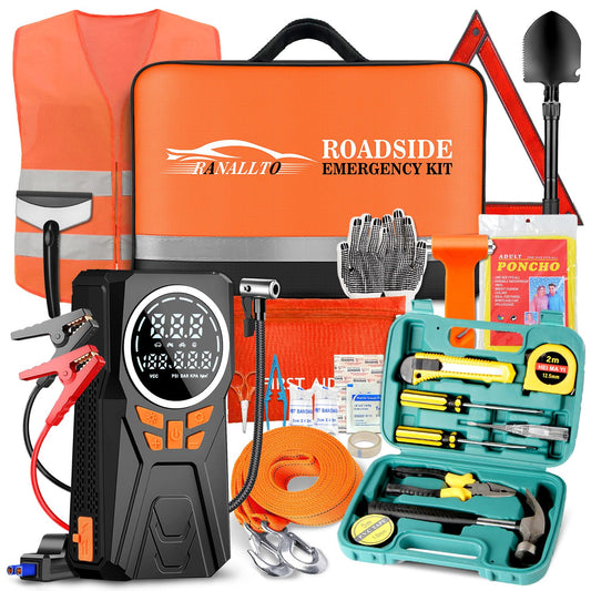Car Emergency Kit with Jumper Starter and Air Compressor, Roadside Emergency Tool Kit for Truck Venicle Auto, Men Women Winter Travel Road Side Safety Essential Survival Bag with First Aid Kit