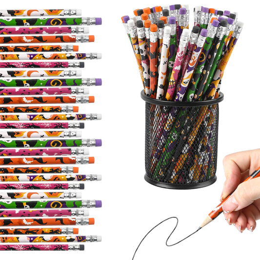 LOMIMOS 120pcs Halloween Pencil Bulk,Colorful Wooden with Eraser 12 Patterns Stationery for Kid Trick or Treat Gift Prize Party Favor School Office Supply Goody Bag Classroom Reward