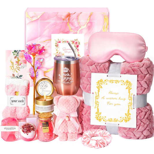Birthday Gifts Basket for Women Mom Her Sister Grandma, Get Well Self Care Gift For Friend, Relax Spa Set-Luxury Flannel Blanket Rose Flower, Wife Gift Mothers Day Christmas Valentines Jeowoqao