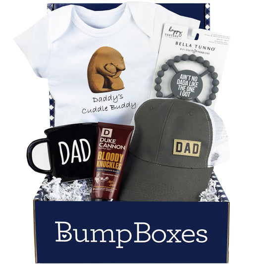 Bump Boxes, New Dad Gift Box with Mug, Hat, Teether, Onesie and Balm, Unique Kit for First time or Expecting Father, Fathers Gifts for Men