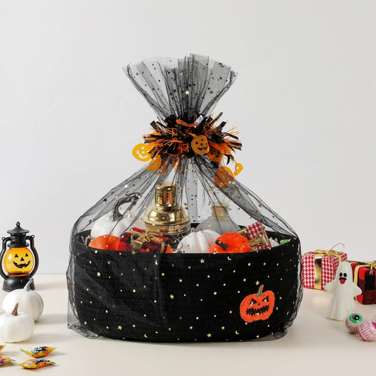 Halloween Basket Gift Baskets Empty with Decor Ribbons, Woven Rope Pumpkin Candy Baskets with Festive Tulle Bag Set for Halloween Party Supplies Favors, Toy Storage Basket for Baby and Pet 14.2" L x 9.8" W x 5.1" H