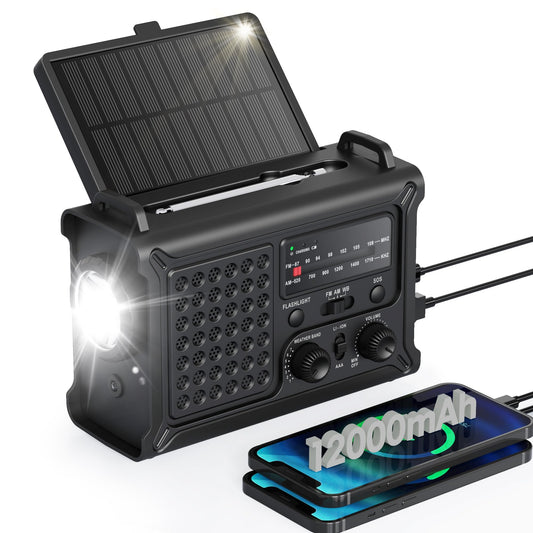 Emergency Weather Radio with Large Solar Panel, Efficient Hand Crank & Real 12000mAh Battery | AM/FM/NOAA Bands, LED Flashlight, Reading Lamp, SOS Alarm & Phone Charger for Outdoor & Emergency