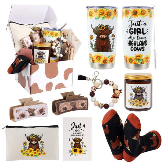 Bayelove Highland Cow Gifts for Women Highland Cattle Stuff Themed Gifts Include Tumbler Mug Makeup Bag Hair Claw Clips Keychain Socks Card for Highland Cow Lover Birthday Christmas