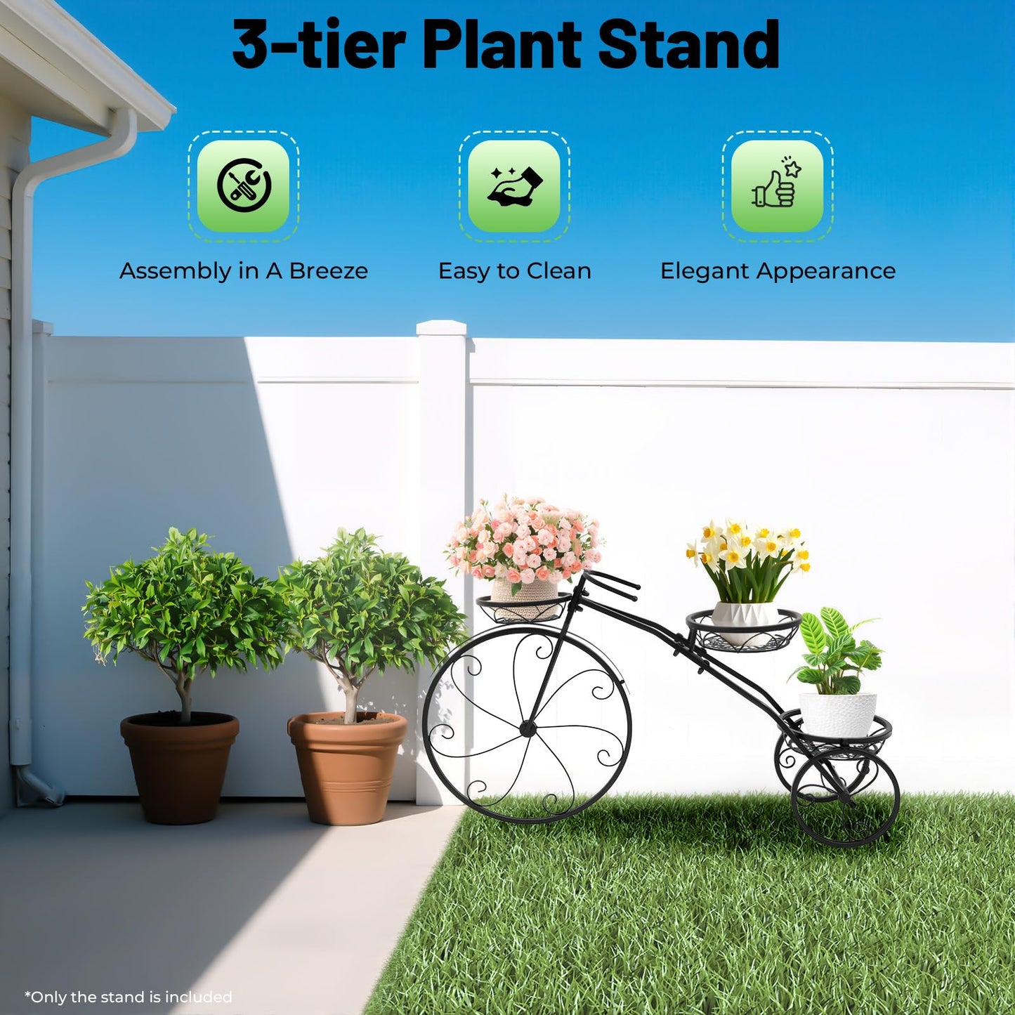 Ginelm 3-Wheeled Plant Stand, 3 Tier Plant Shelf with Baskets, 22 lbs Capacity, Black Modern Bicycle Design Flower Pot Stand for Home, Garden, Porch, for Plant Lovers, Family