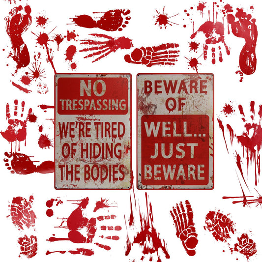 Outus 8 Pcs Halloween Decoration Signs and Halloween Handprint Footprint Window Stickers Set Including 2 8" x 12" Decorative Signboard 6 10" x 14" Sticker for Window Wall Floor Glass