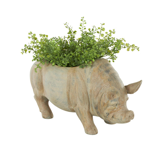 Deco 79 Resin Pig Indoor Outdoor Planter Small Planter Pot with Distressed Details, Planter 16" x 7" x 8", Beige