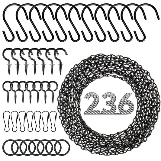 Tsocent Metal Hanging Chain, 236 Inch Black Chains for Plants, 12×S Hooks, 12×Buckles, 12×Rings, 24×Screw Hooks for Bird Feeder, Planter, Wind Chimes (Black)