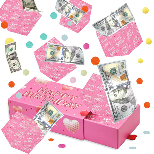 WenmthG Happy Birthday Surprise Gift Box Explosion for Money - DIY Pop Out Folding Bounce Explosion Gift Box with Confetti - Birthday Money Bank - Cash Gift Idea for Women Men Kids (Pink)