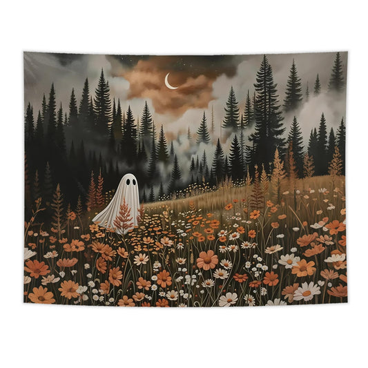 NATSUNO Halloween Tapestry, Halloween Spooky Ghost Wall Tapestry for Bedroom, Whimsical Enchanted Forest Flower Ghost Tapestries Wall Hanging for Home Living Room Decor, 50x60 Inches
