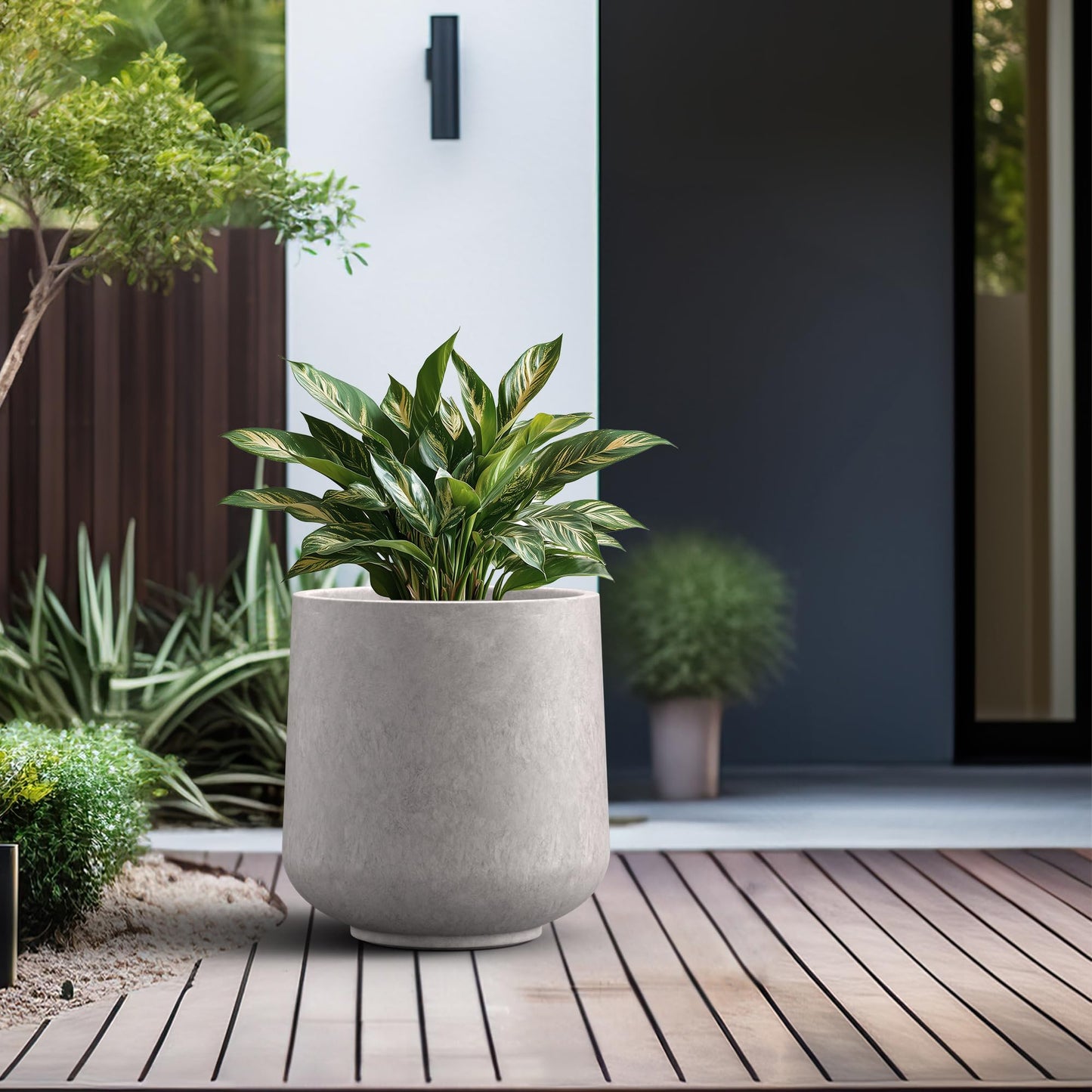 Kante 15.3" Dia Round Concrete Planter, Outdoor Indoor Large Plant Pots Containers with Drainage Hole and Rubber Plug for Home Garden Patio, Light Gray