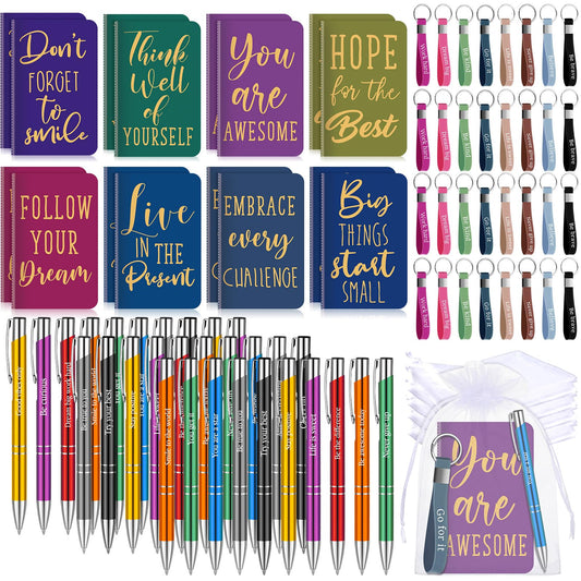 Pajean 128 Pcs Inspirational Gifts Bulk Motivational Notebooks Journal Ballpoint Pens Positive Affirmation Keychains Organza Bags for Students Teachers Employee School Office Prizes Favors Supplies