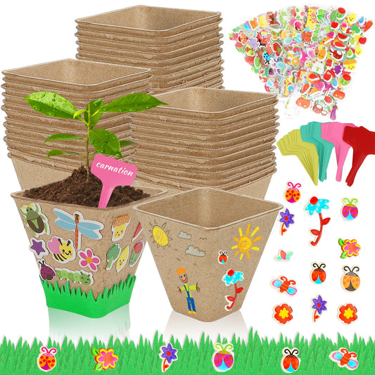 NNG 40 Set Garden Paper Pot Craft Kit,40Pcs Square Paper Mache Pots Peat Plant Pots with 400pcs Adhesive Foam Stickers & 40Pcs Pots Labels,Flower Plant Spring Craft for DIY Flower Planting