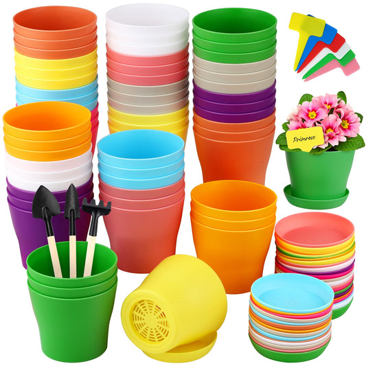 Hahood 60 Pieces Plastic Planters 4 Inch Flower Pot with Trays Labels Multicolor Flower Plant Pots Plants Nursery Pots Flower Seedling Nursery Pots for Indoor Outdoor Plant, Herb, Succulent, 10 Color