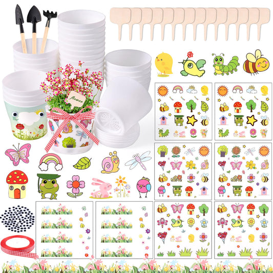 Aweyka 30 Pack Garden Plastic Pot Craft Kit DIY Flower Plant Crafts Nursery Pots with Stickers Flower Planting Growing Kit for Spring Summer Home Classroom School Creative DIY Art Project Activities