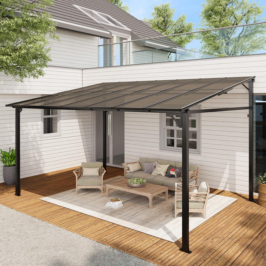 10x14 FT Heavy Duty Wall Mounted Gazebo Pergola,All-Weather Lean to Gazebo with 6mm Anti-UV Polycarbonate Roof & Pre-Drilled Post Bases,Metal Frame Awning,Hard Top Gazebos for Outdoor Deck & Backyard