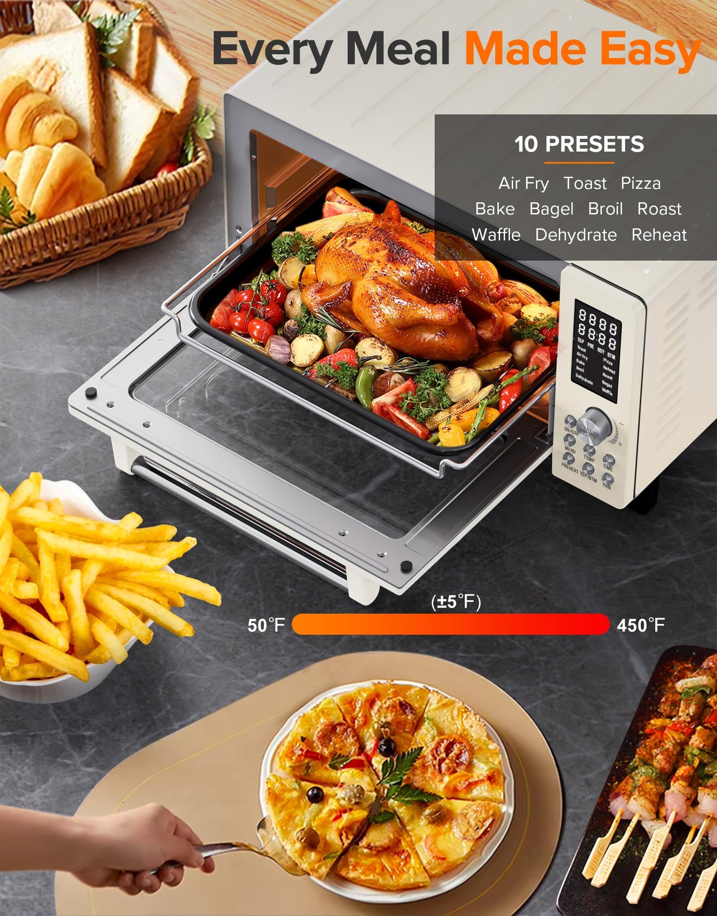 Nuwave Bravo Pro Smart Air Fryer Toaster Oven Combo, Airfryer Convection Oven Countertop, 10-in-1 Functions with Quicker & Even Crisp Technology, 1800W, 50-450°F, PFAS-Free, 21QT, Vanilla Cream