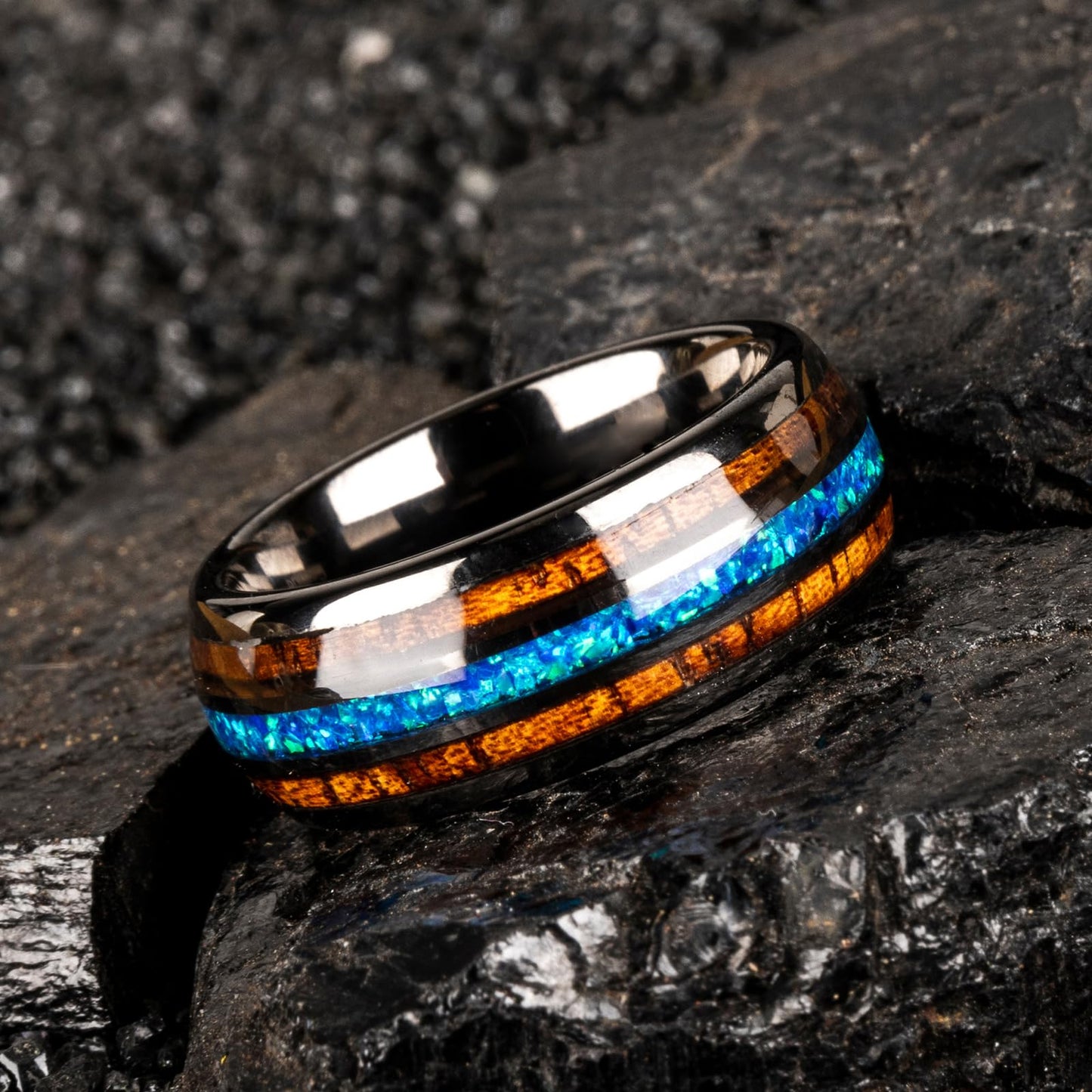 JEWPER 8mm Men Womens Wedding Band Tungsten Rings dark gun black Fashion Promise Carbide Inlaid blue opal koa Matte Finish Edge Comfort Fit Size(11)