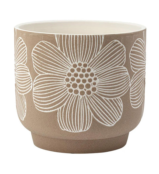 Napco Daisy Flower Wrap 7.25 x 7.25 x 6.75 inches Brown and White Ceramic Flower Succulent Plant Pot Planter Container Holder, Indoor Outdoor Garden Décor