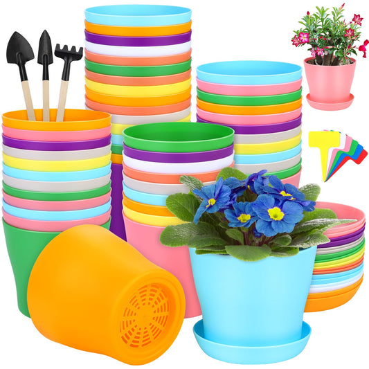 Hahood 48 Pack Plastic Planters 5.5 Inch Flower Plant Pots Indoor Set Thickened Seedling Nursery Pots Seed Starting Pots with Drainage Holes Saucers Mini Garden Tool for Home Office Garden, Multicolor