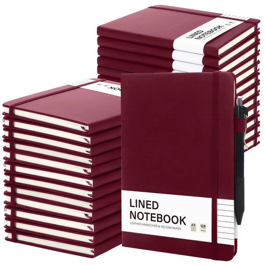 Aodaer 30 Set Lined Notebook Journals with Pens A5 Notebooks 100 GSM College Ruled Hardcover Notebook PU Leather Notepad with Pen Holder for Office School, 5.7 x 8.3 Inches, Burgundy