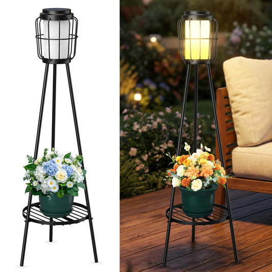 2-in-1 Solar Lights Outdoor with Plant Stand, Waterproof Solar Floor Lamp & Tall Metal Planter Holder for Outside, Decorative Tripod Pathway Lantern for Patio, Garden, Porch, Yard Decor (2 Pack)