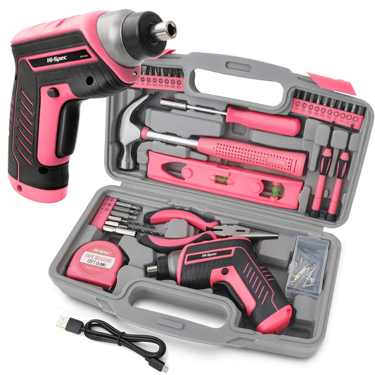 Hi-Spec 35-Piece Tool Kit with 3.6V USB Small Electric Screwdriver Set, Pink Drill Set for Women, Tool Kit for Home