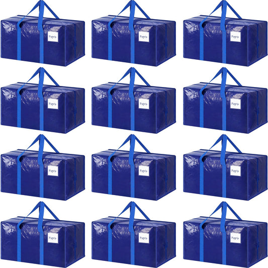 12 Pack Extra Heavy Duty Large Moving Bags with Strong Zipper & Comfortable Handles, Sturdy & Durable Clothes Storage Bags Totes Bins, Packing Moving Boxes for College Supplies, Blue