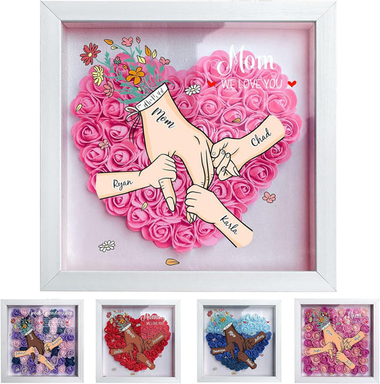 Custom Mom Flower Shadow Box with Kids Name for Mother's Day Personalized Eternal Flower Shadow Box with Text Mothers Day Anniversary Birthday Flower Gift for Mom Grandma