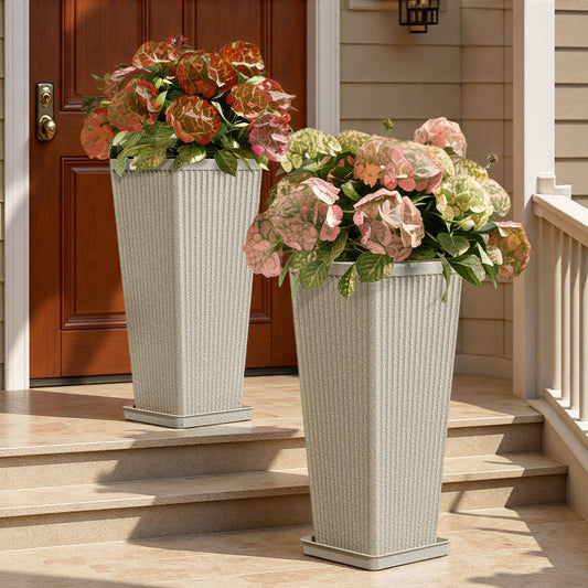Diyfire Front Porch Planters Outdoor Set of 2, 24" Tall Plastic Planters for Outdoor Plants with Drainage, Extra Large Outdoor Planter Pots, Tapered Tall Planters for Front Door & Indoor Plants, Beige