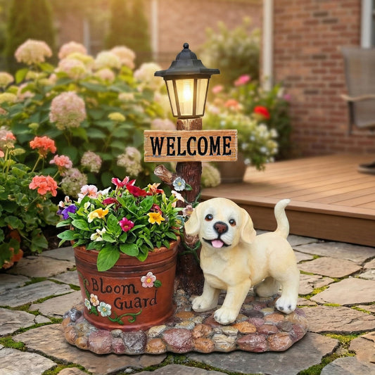UNOIRNM Labrador Puppy Outdoor Garden Statue - with Solar Lantern and Bloom Guard Planter, Extra Large 20.9" Welcome Dog Figurine for Patio, 11 lbs Heavy Duty Resin Decor, 18.9" Length Flower Pot