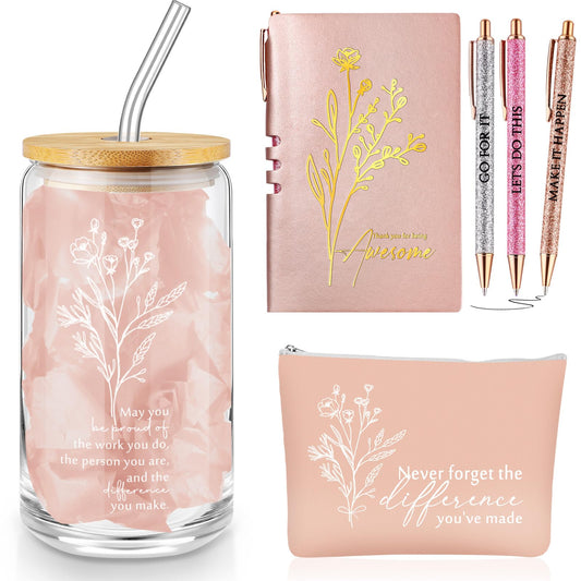 Funnymoom 6 Pcs Appreciation Gifts Set for Women 17oz Aesthetic Glass Tumbler Makeup Bag Journal Ballpoint for Mother's Day Teacher Appreciation 2026 Graduation Volunteer Assistant Secretary Gift