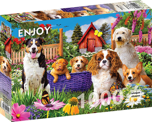 1000 Piece Jigsaw Puzzle for Adults - Colorful Dogs & Puppies in Flower Garden, Matte Anti-Glare, Unique-Shape Pieces, Sturdy 2mm Board, 27x19 in Gift for Women | Enjoy Complete-Set Guarantee