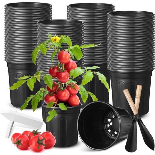 RimCereal 600 Pcs 1 Gallon Plastic Plants Nursery Pots Bulk with 600 Plant Labels, Thickened Soft Black Seedling Pots with Drainage Holes, Flower Plant Containers for Succulents Supply